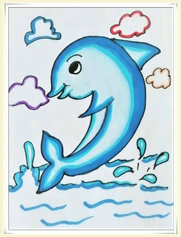 水彩笔画《调皮的小海豚》