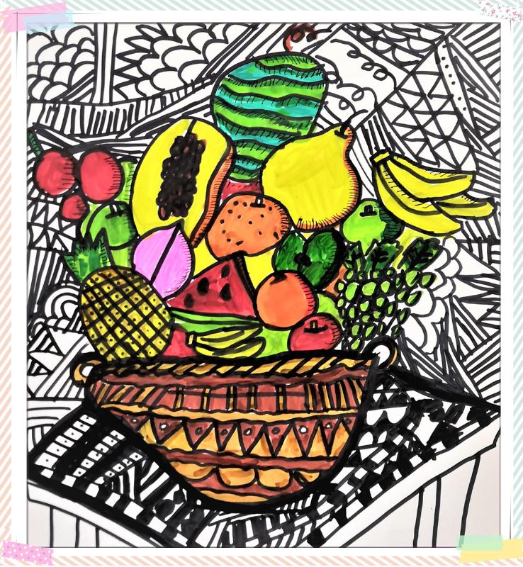 艺术实践作品展播 > 绘画 > 线描画《丰富多彩的水果篮》   图文编辑