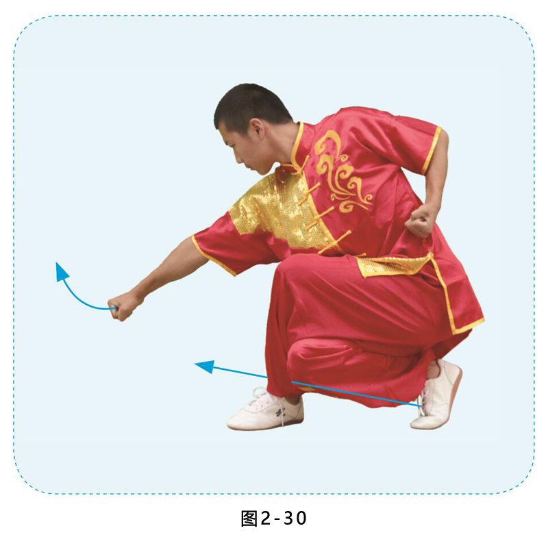 身体左转,右脚向左后插步,两腿交叉屈膝下蹲成左歇步;右拳从腰间向前