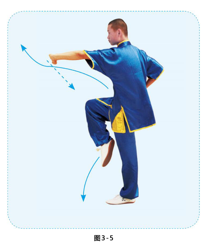 提右膝,左勾手变掌,抡臂向前按掌,掌心斜朝下,约与胸高;右勾手变拳收