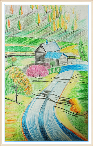 四年级田园风景画简单图片